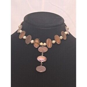 Peyote Bird Brown Oval Shell & Pearl Choker 2" Pendant Necklace 13-15.5" NWT